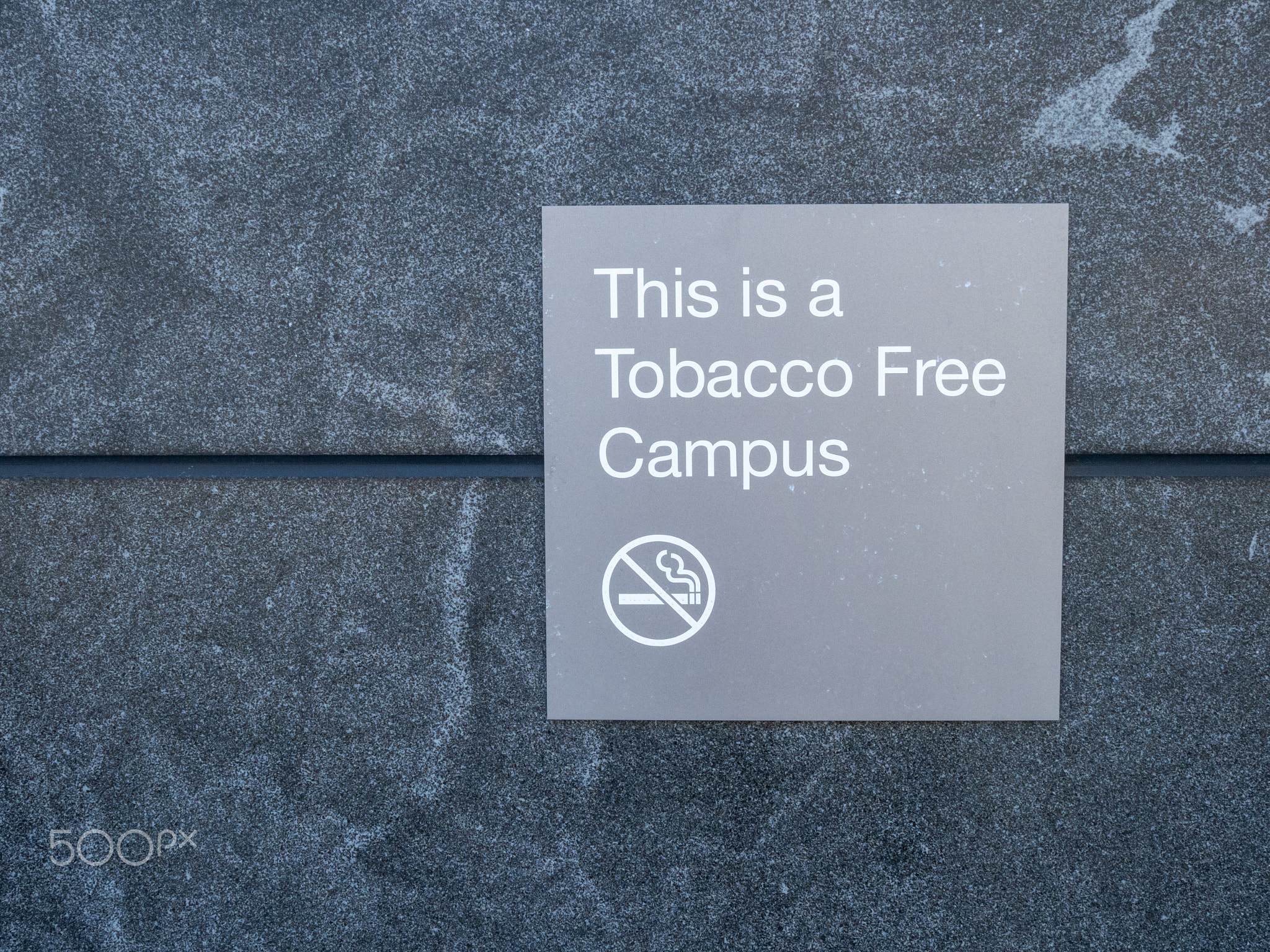 This is a tobacco free campus gray sign and logo posted outside of building