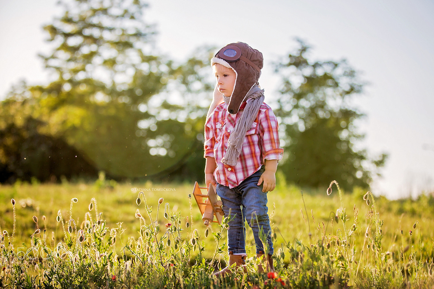 Sweet toddler baby boy, child playing with airplane in poppy fie