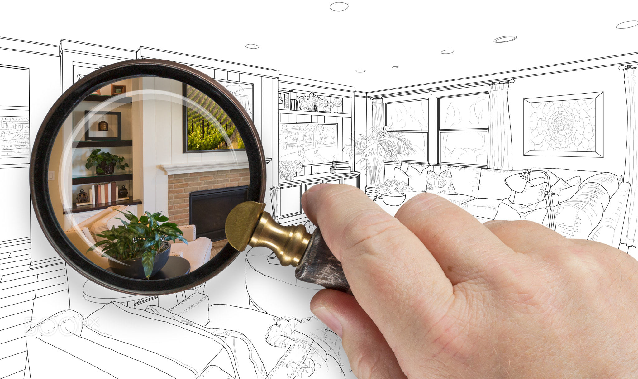 Hand Holding Magnifying Glass Revealing Custom Living Room Desig