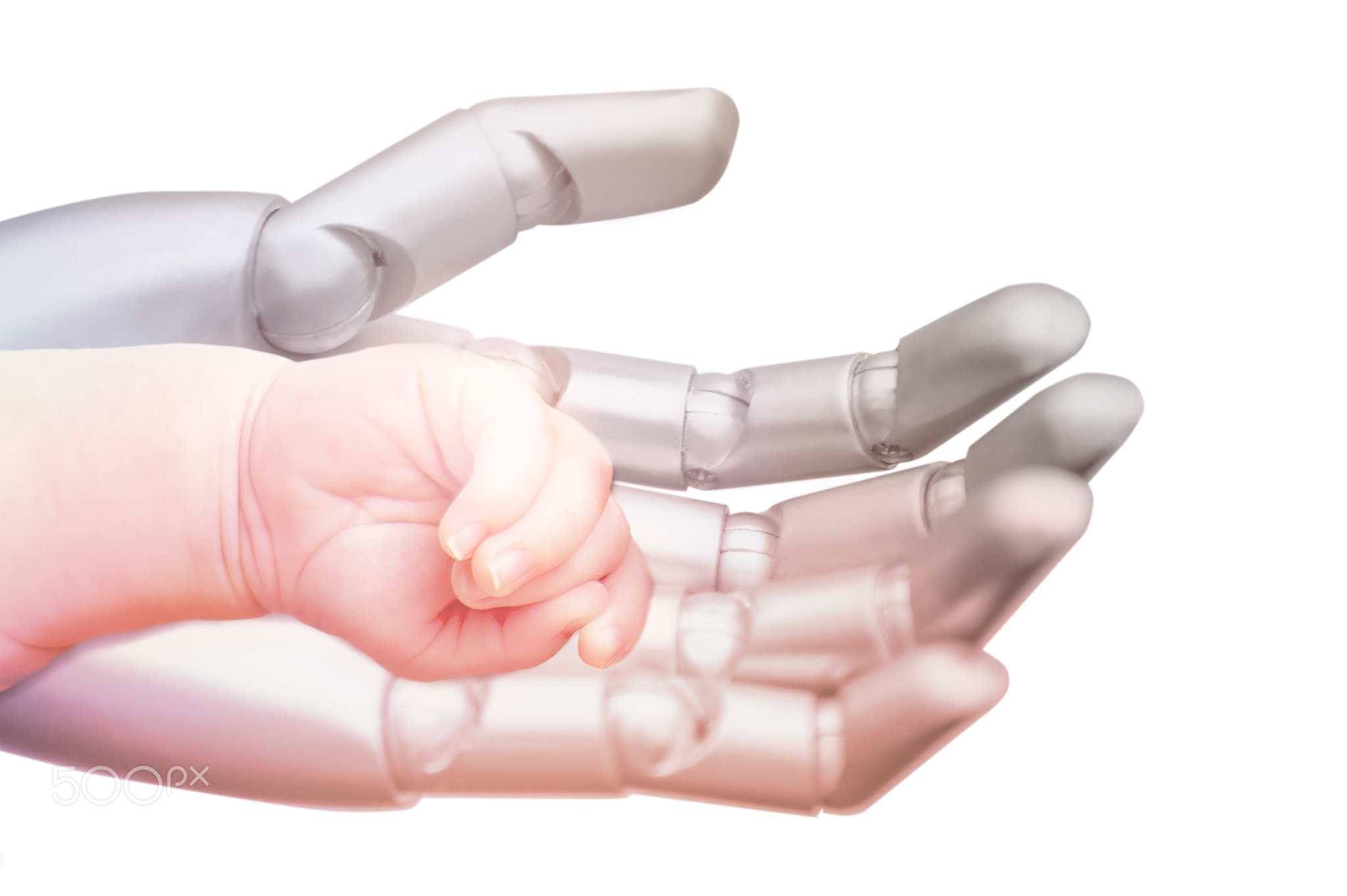 Robot takes care of little kid. Hand of a robot protectively holds the hand of an baby. Soft...