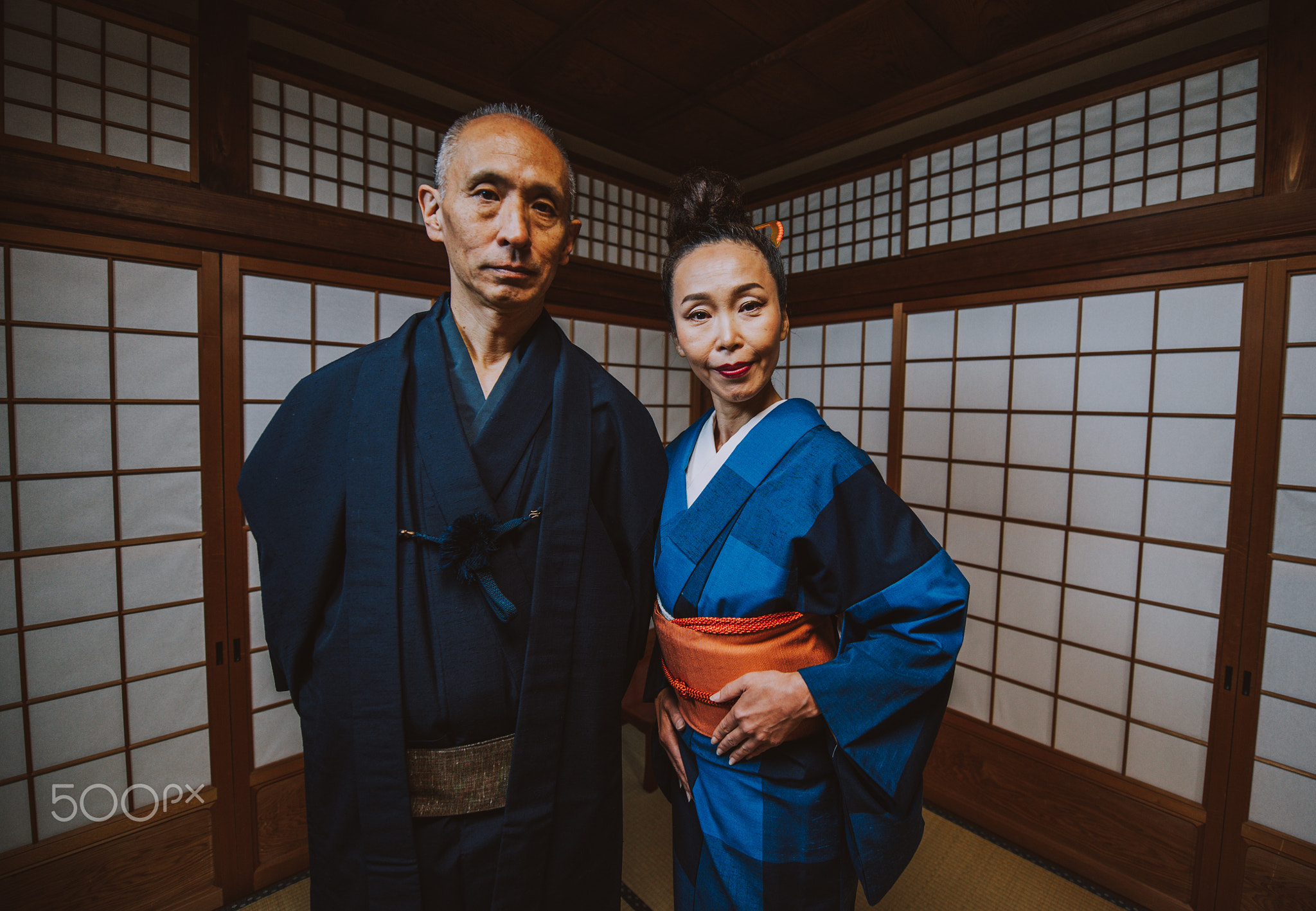 Senior japanese couple moments in a traditional house