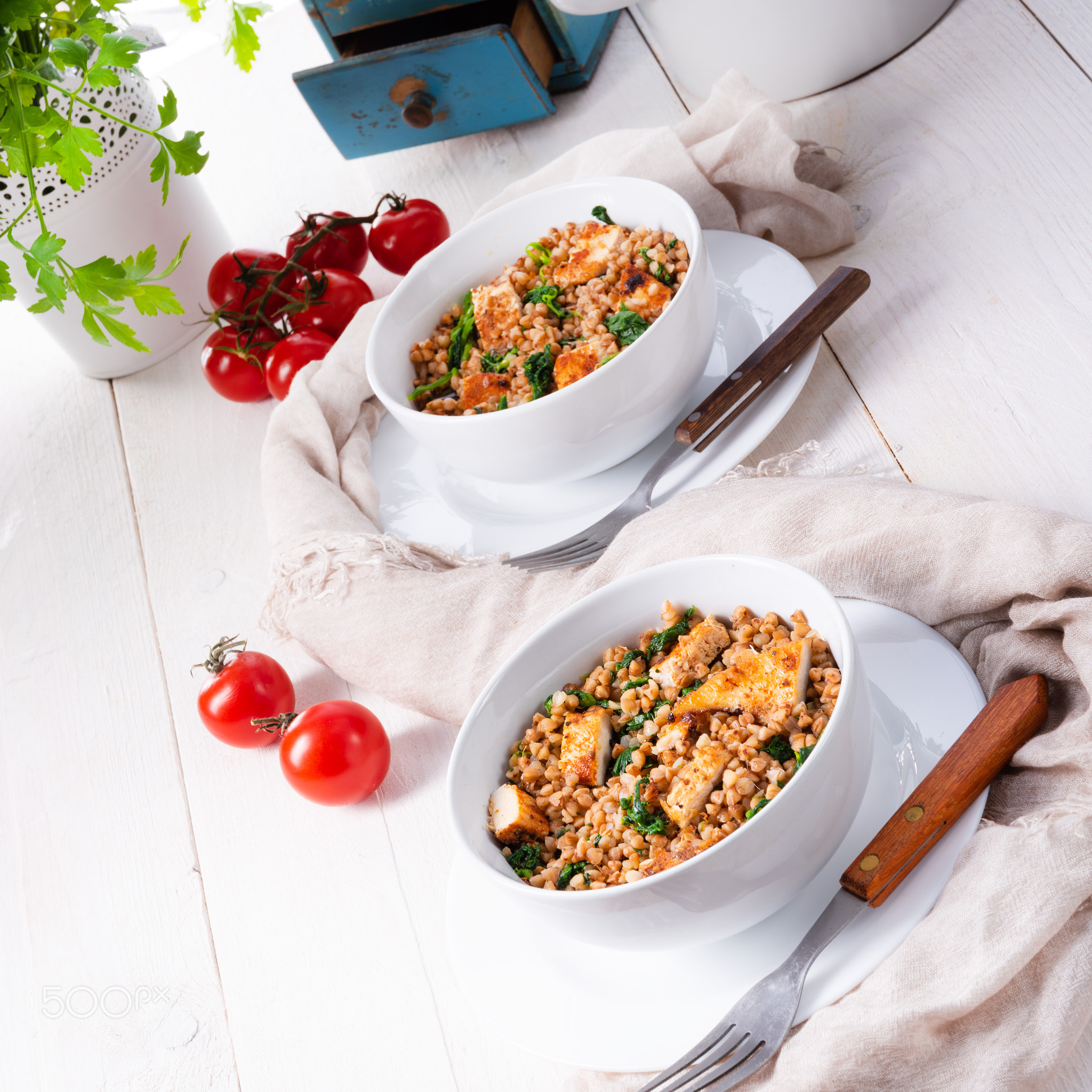 Kaszotto- polish food from buckwheat with grilled chicken