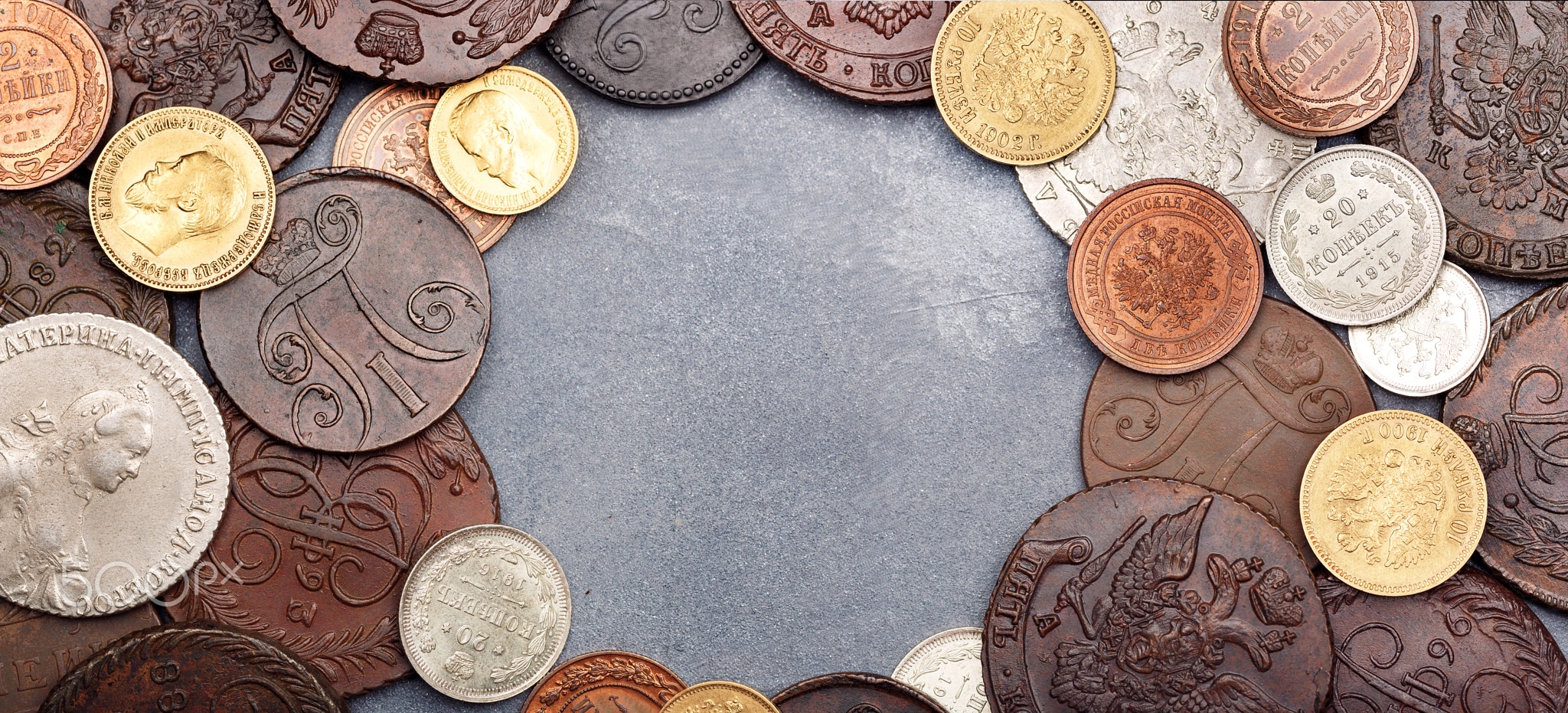 Numismatics. Old collectible coins made of silver, gold and copp