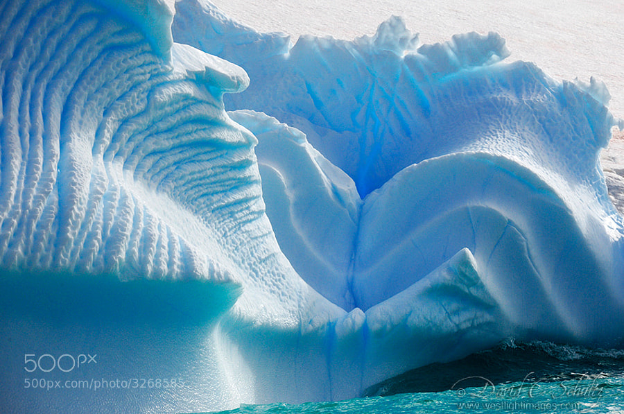 Iceberg in Antarctica carved by tides and tiny air bubbles.