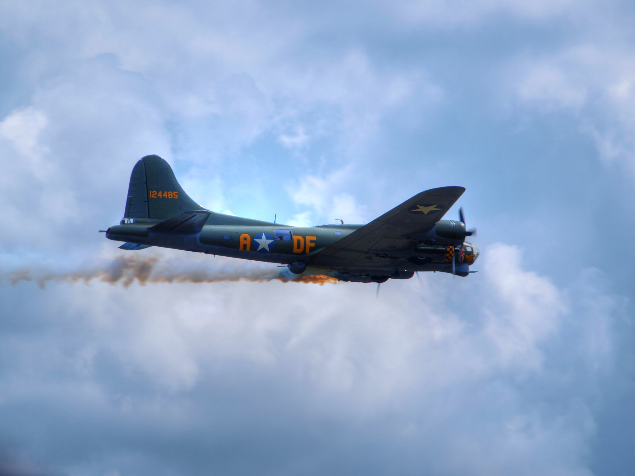 Sally B trailing smoke,.