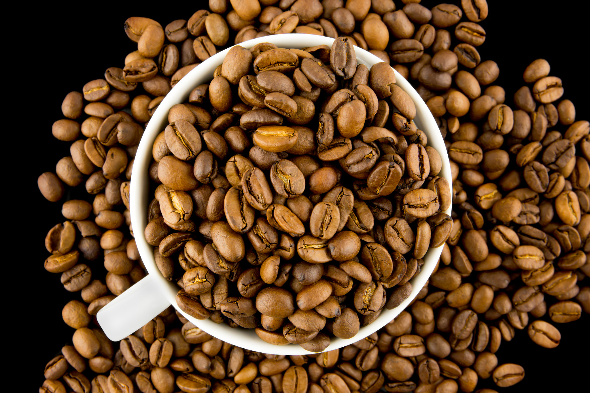 Aerial view of a cup filled with coffee beans