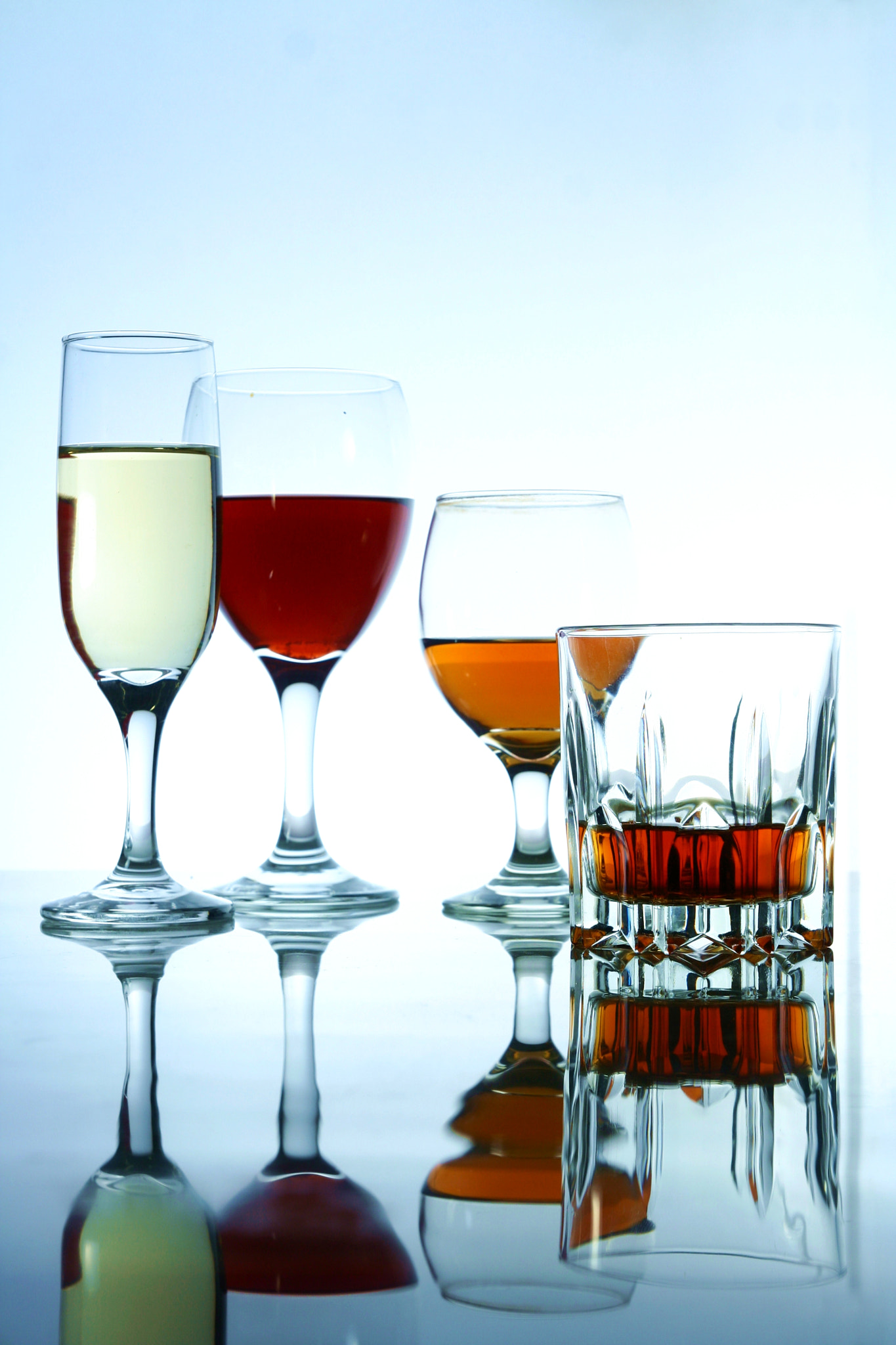 Different Alcoholic Drinks in glass and goblets