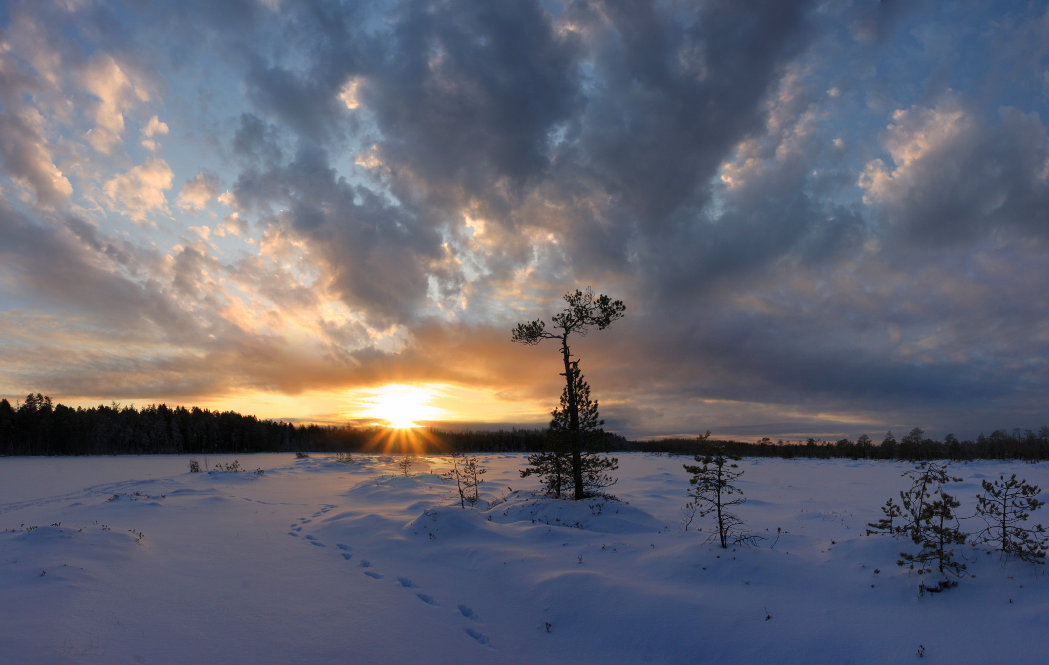 Sunset on winter lake