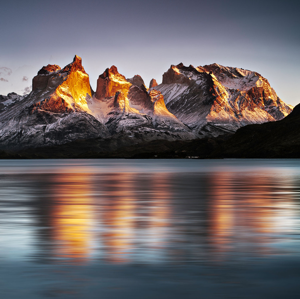 Cuernos del Paine and Pehoe lake at sunrise, Torres del Paine National Park, Chile, November 2013