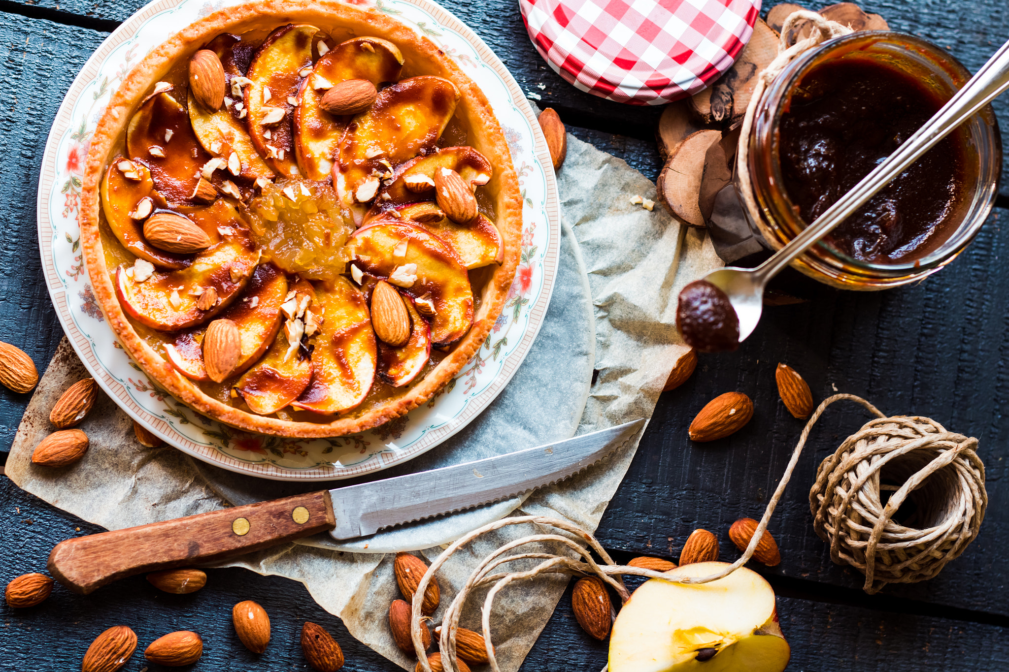 tart with pear jam, apples and caramel,top view