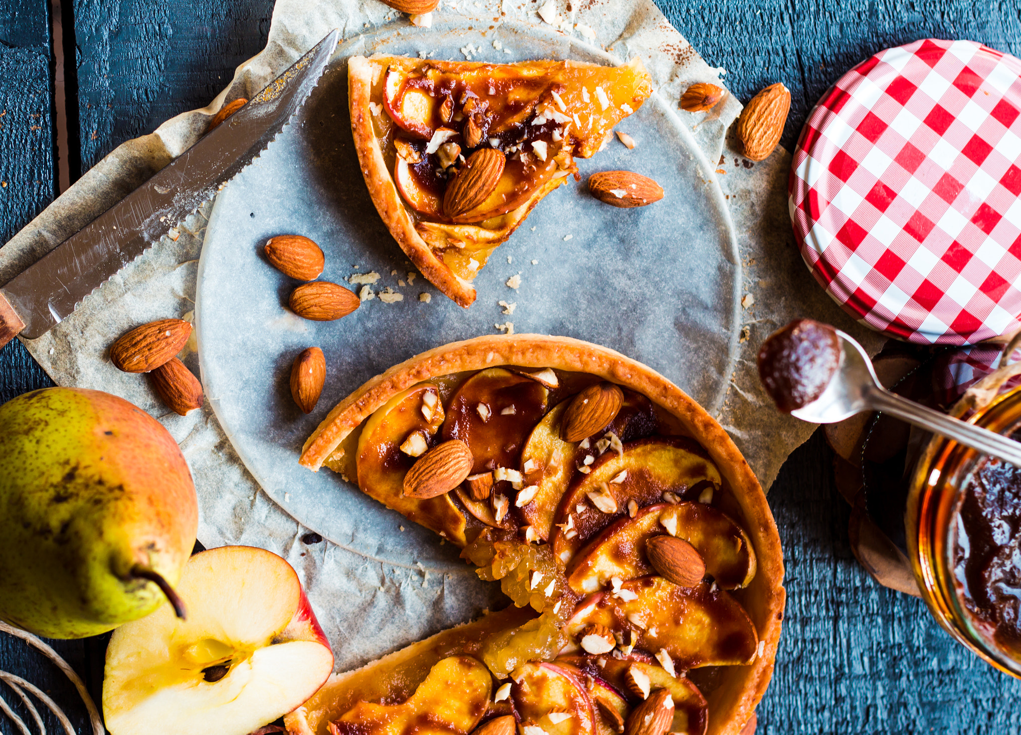 apple tart with caramel, a piece of cake, top view