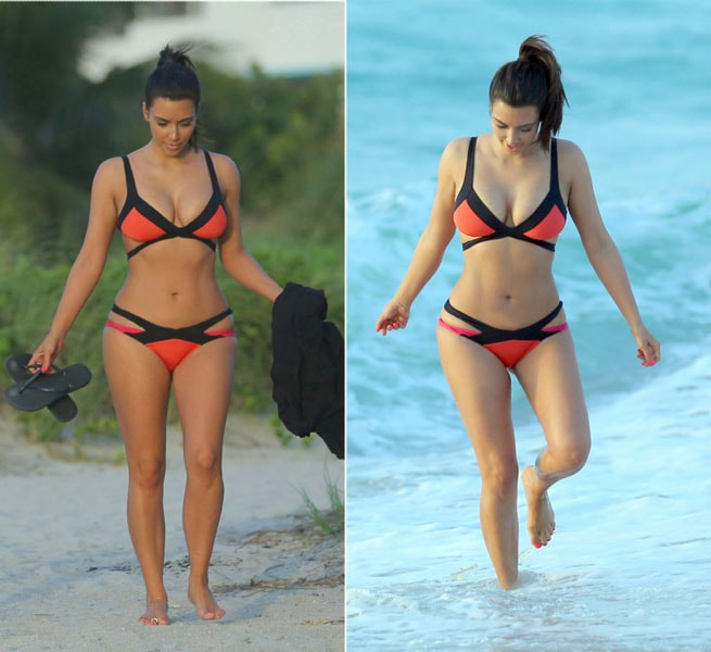 Kim Kardashian Herve Leger Colorblocked Swimsuit ()