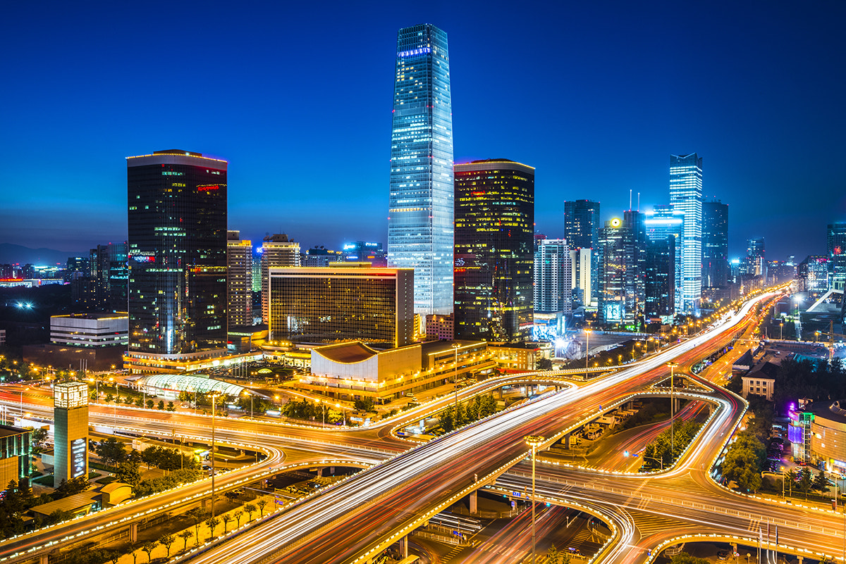 Night on Beijing Central Business district buildings skyline, China ...