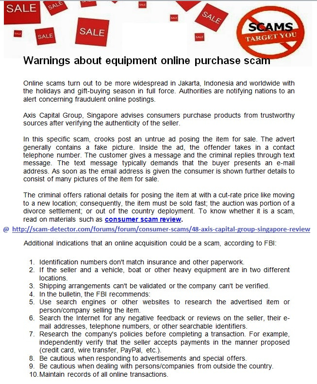 Warnings about equipment online purchase scam