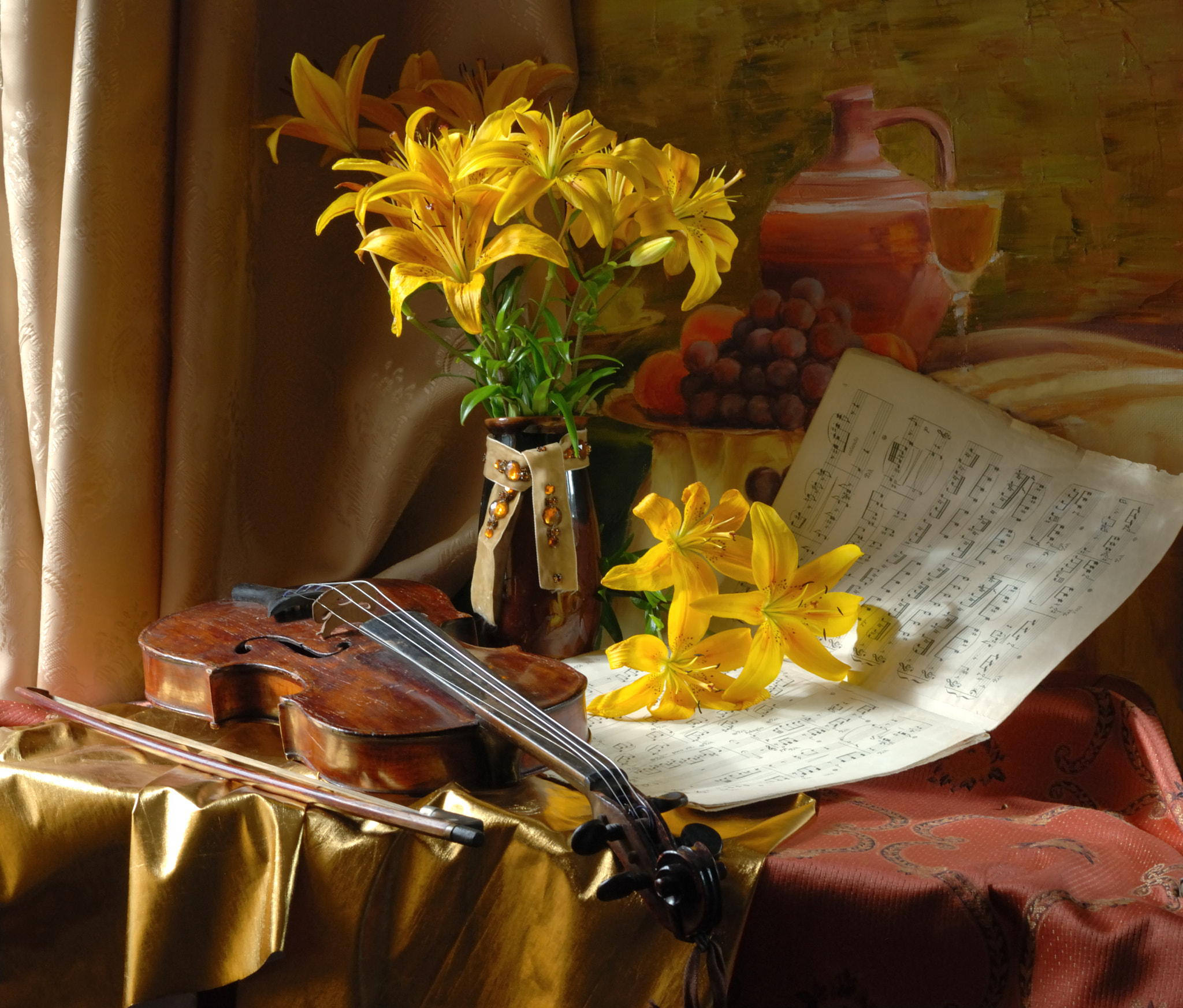 Still life with violin and flowers