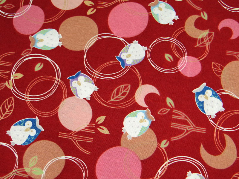 2384C - Forest Night Birds Kawaii Owl Fabric in Red Color